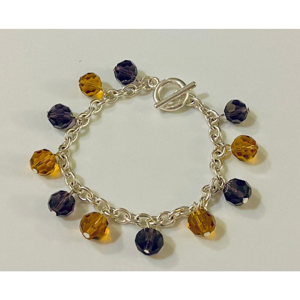 Purple & Gold Glass Beads Silver Toggle Bracelet
